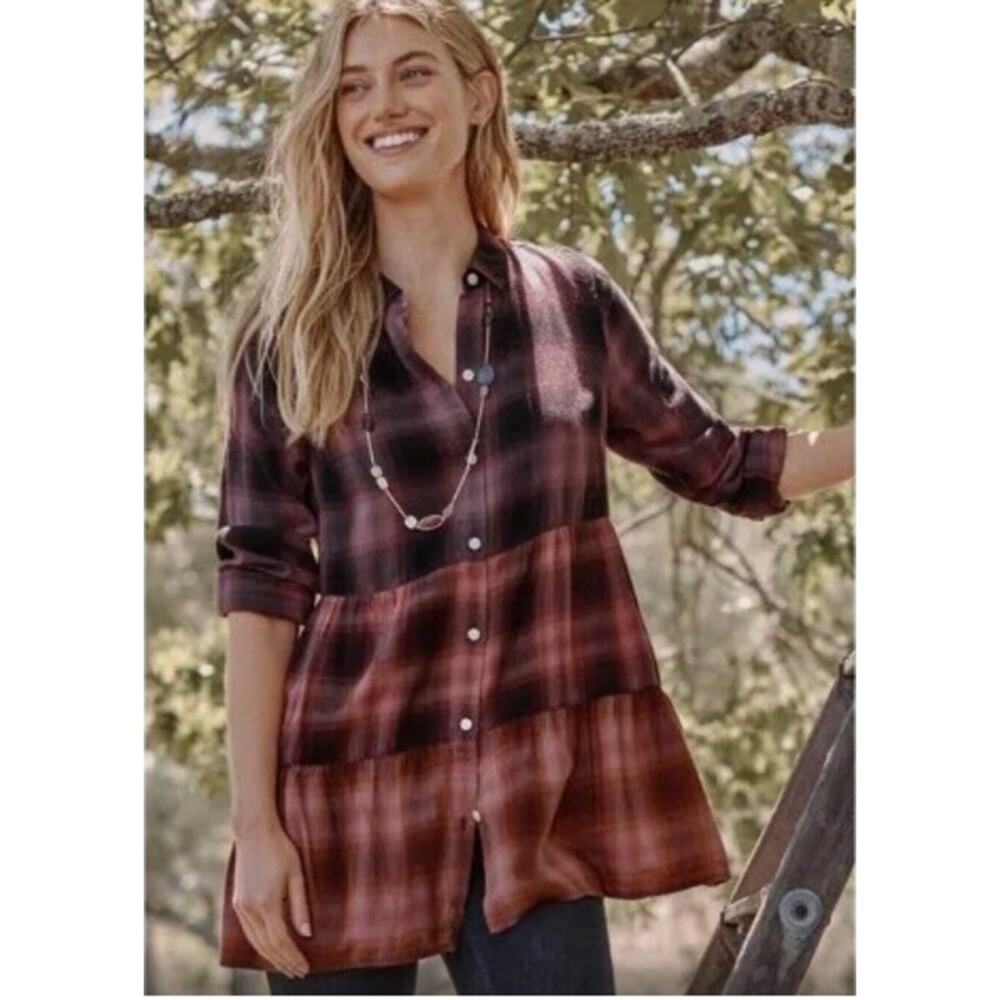J. Jill Ombre Plaid Tiered Tunic Shirt Pink Coral Black Cotton Modal NWT‎ MP